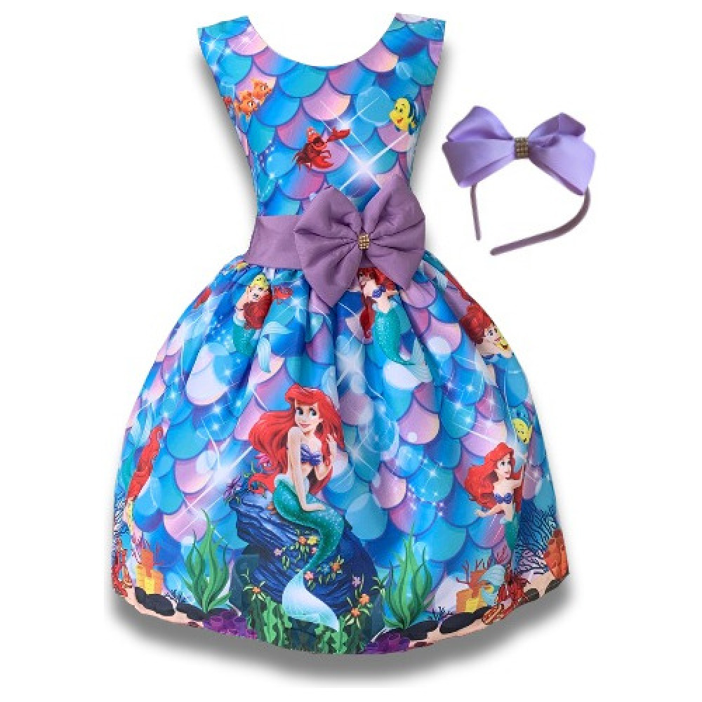 Vestido Infantil Tem Tico Ariel Pele De Sereia Luxo Tiara Bento E