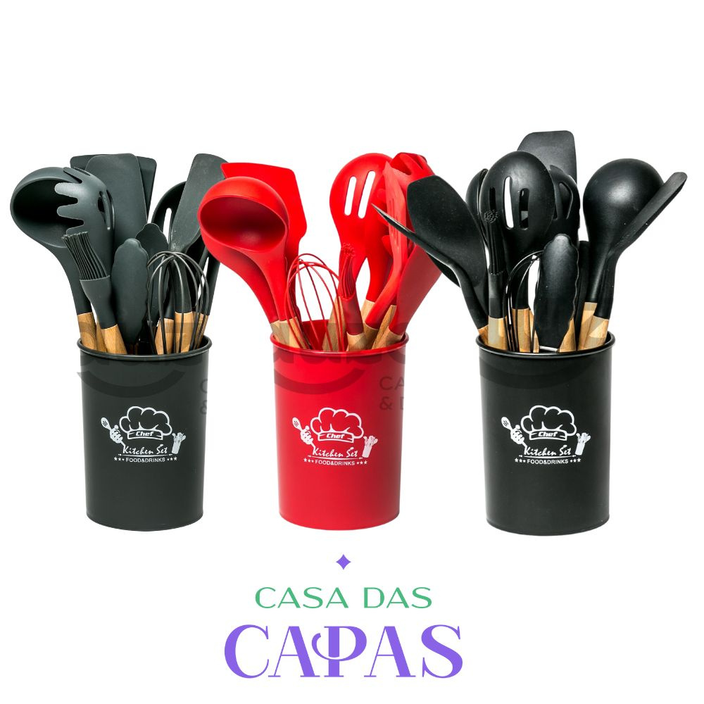 Kit de Utensílios de Cozinha em silicone madeira 12 Pçs Várias Cores