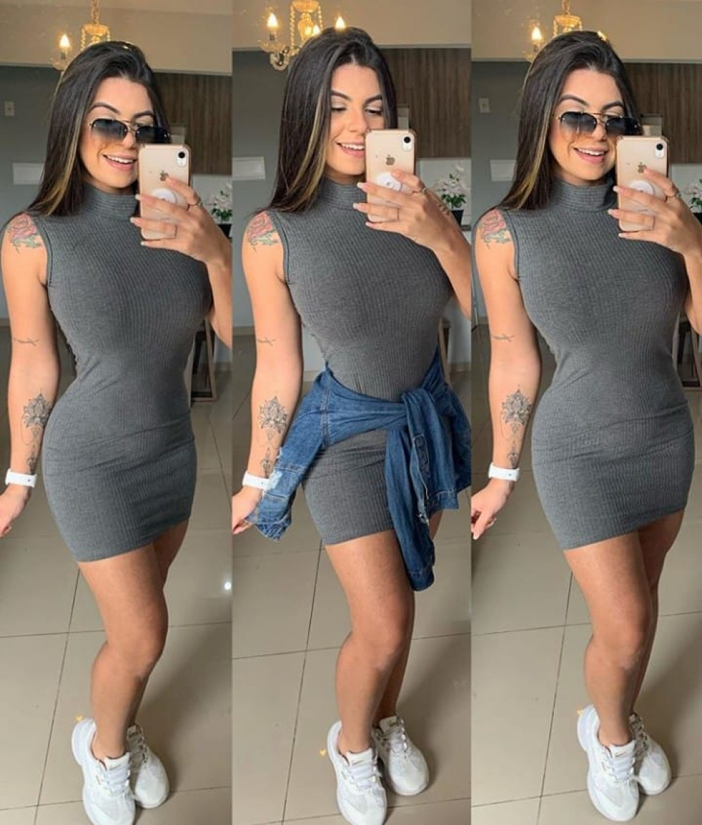 Vestido Curto Gola Alta Manga Cavada MODAS K L