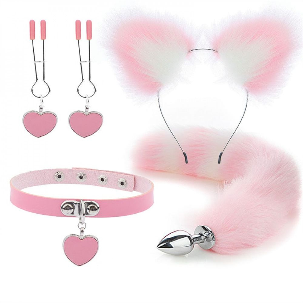 Conjunto Plug Anal Orelha Gato Coleira E Prendedores De Mamilo Sexy