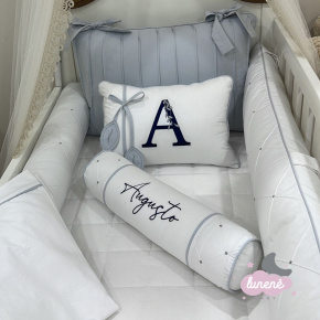 Enxoval de Berço Personalizado 08 Peças Folhas Baby Branco e Cinza 200 Fios Enxoval de Berço Personalizado 08 Peças Folhas Baby Branco e Cinza 200 Fios