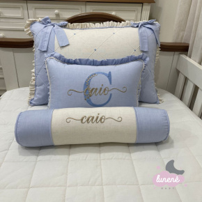 Enxoval de Solteiro Personalizado 04 Peças Linho Baby Azul Chambre 200 Fios Enxoval de Solteiro Personalizado 04 Peças Linho Baby Azul Chambre 200 Fios