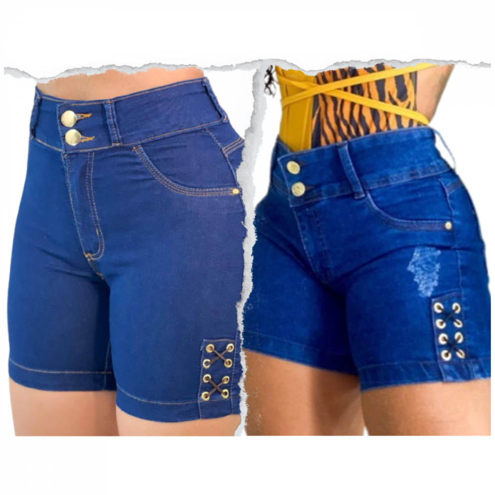 2 Short Jeans Feminino Cintura Alta Modelo Detonado Levanta Bumbum