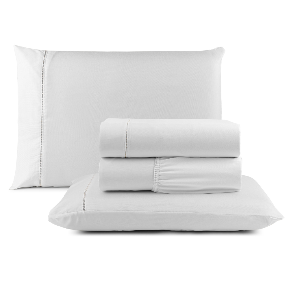 Jogo de Cama Queen 400 Fios Ponto Palito Branco 4 Peças - AMBORDADOS
