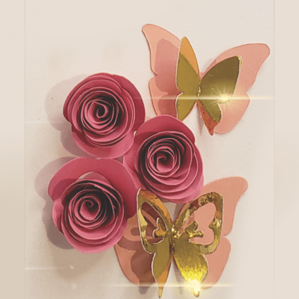 Topo de bolo Rosas PP e borboleta 3D - Rosa - Amora festa em Papel
