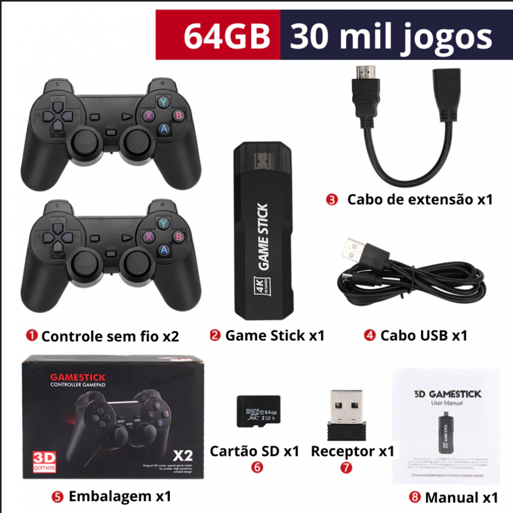 Video Game Retrô 4K Game Stick + 2 Controles sem fio 🕹