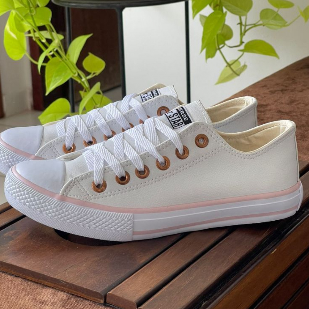 Tênis All Star Edição Limitada Couro Branco c/ Rosa Star Shoes