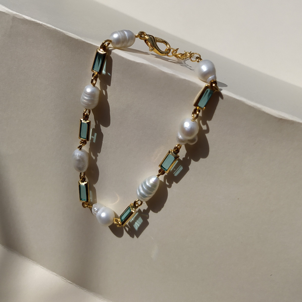 Pulseira Cristais Verdes e Pérolas