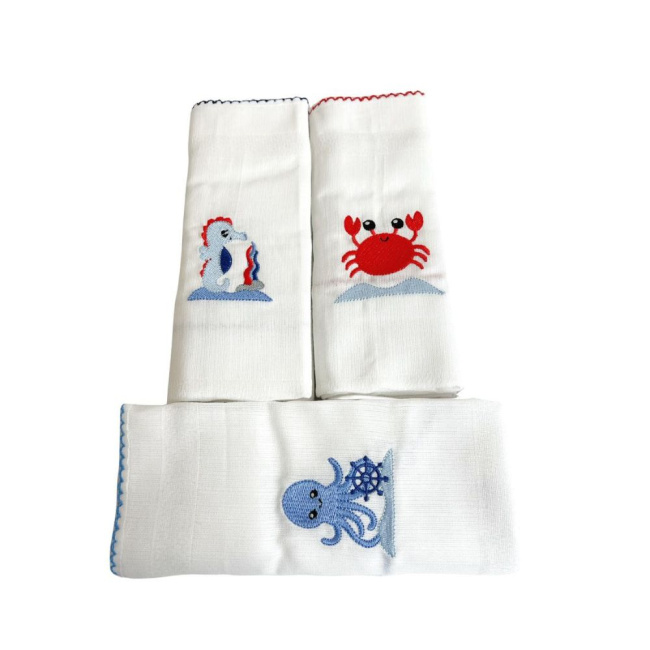 Conjunto 3 Fraldas de Ombro para Bebê 100% Algodão Bordado Fundo do Mar