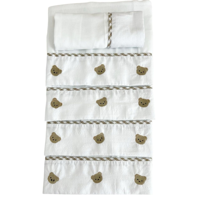Conjunto 5 Fraldas para Bebê Cremer Luxo Barrado e Bordado Mini Ursinhos