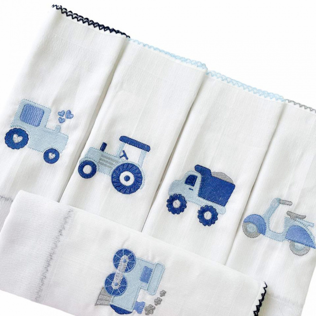 Conjunto 5 Fraldas para Bebê Cremer Luxo Bordada Transporte Azul