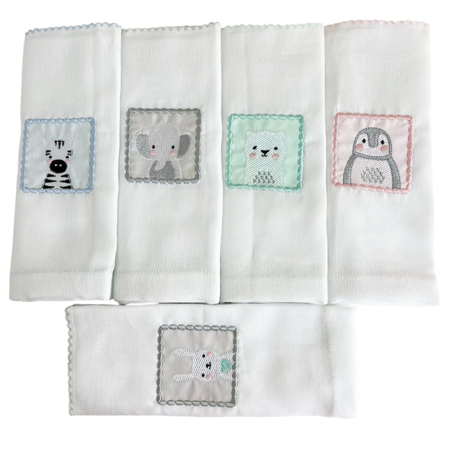 Conjunto 5 Fraldas para Bebê Cremer Luxo Bordado Bichinhos Zoo