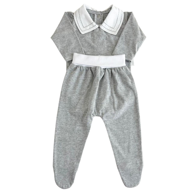 Conjunto Clássico 2 Peças para Bebê Gola Piquê Pontilhado Cinza - Tamanho Único