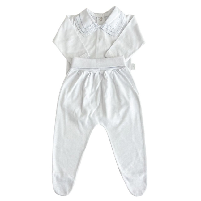 Conjunto Clássico 2 Peças para Bebê Gola Piquet Branco/Pontilhado Azul - Tamanho Único