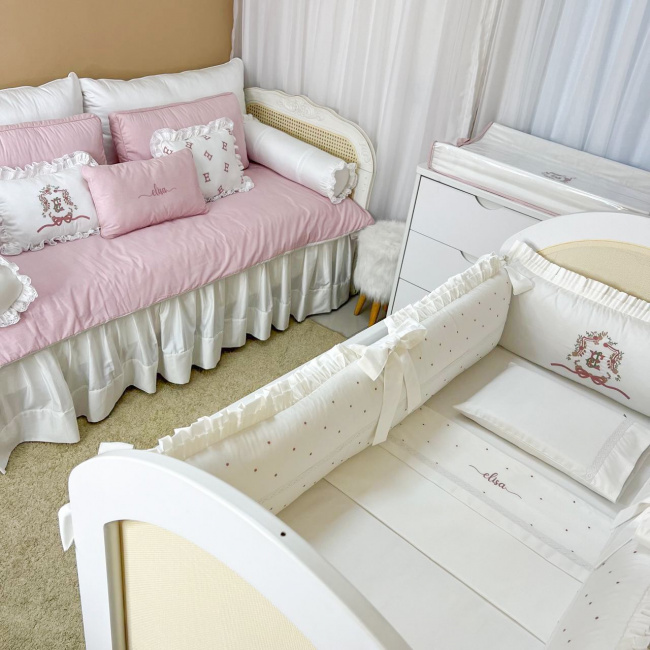 Kit Cama Babá 8 Peças com Saia Elisa Chambray Rosê