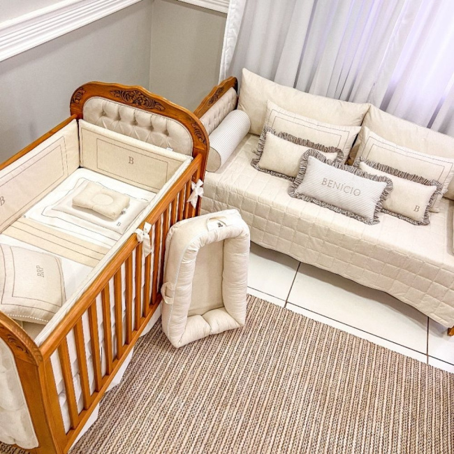 Kit Cama Babá 9 Peças Benício Personalizado Linho Bege