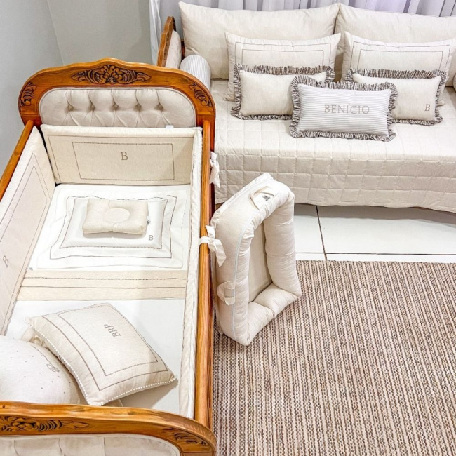 Kit Cama Babá 9 Peças Benício Personalizado Linho Bege