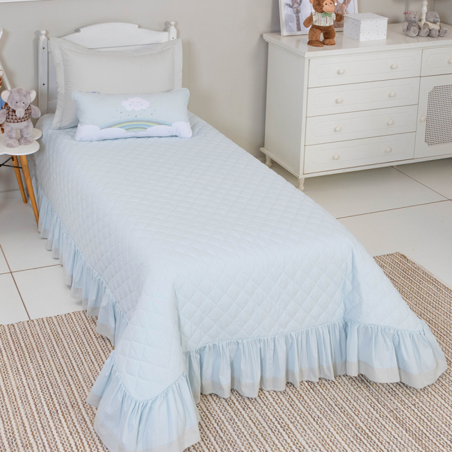 Kit Cama Solteiro com Babado 3 Peças Chuva de Amor Azul / Cinza (Colchão 1,88 x 0,88)