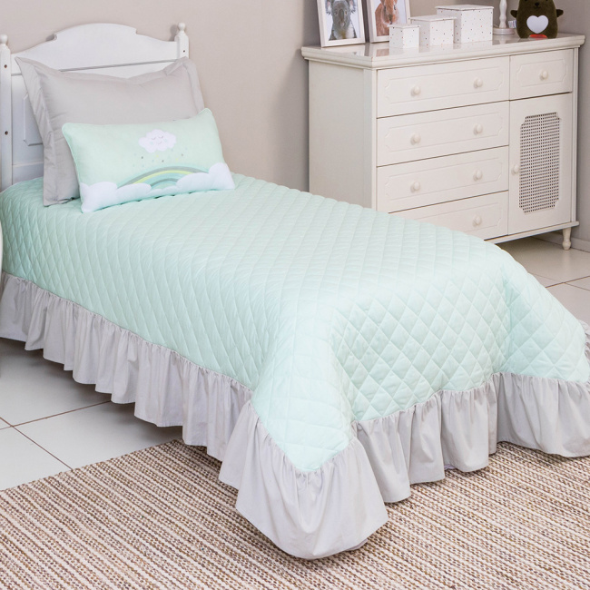 Kit Cama Solteiro com Babado 3 Peças Chuva de Amor Verde Mint / Cinza (Colchão 1,88 x 0,88)