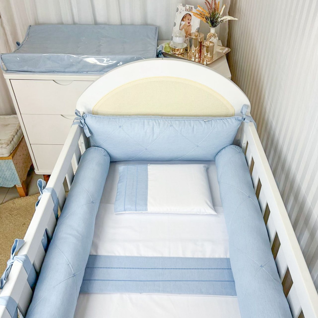 Kit de Berço Rolinho 4 Peças com Cabeceira Nervurado Linho Azul