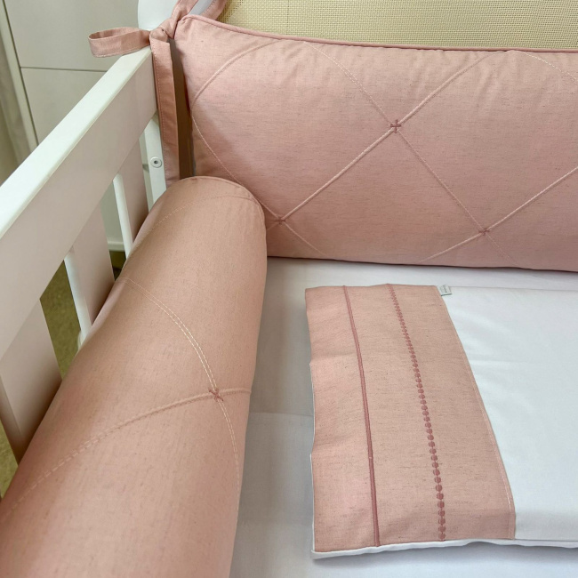 Kit de Berço Rolinho 4 Peças com Cabeceira Nervurado Linho Rosê