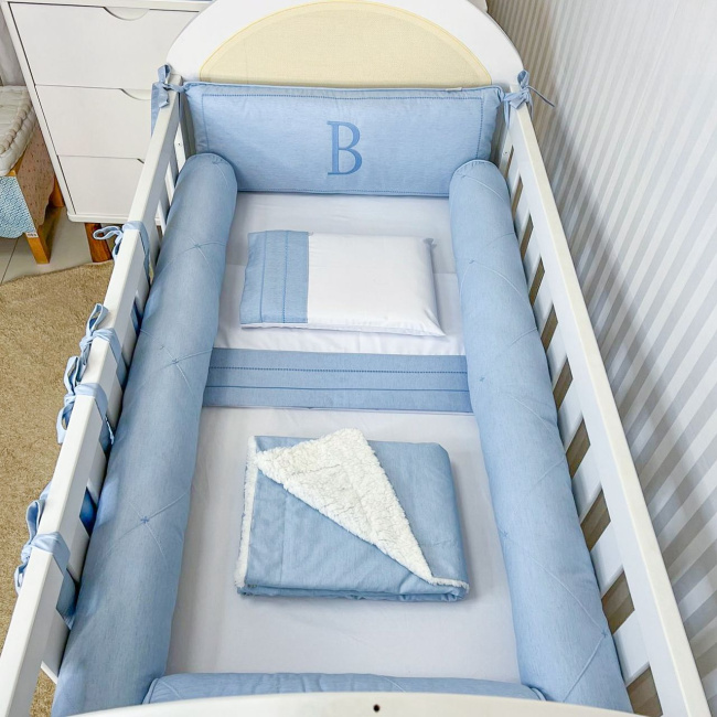 Kit de Berço Rolinho 4 Peças com Cabeceira Personalizada Linho Azul