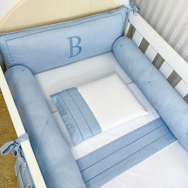 Kit de Berço Rolinho 4 Peças com Cabeceira Personalizada Linho Azul
