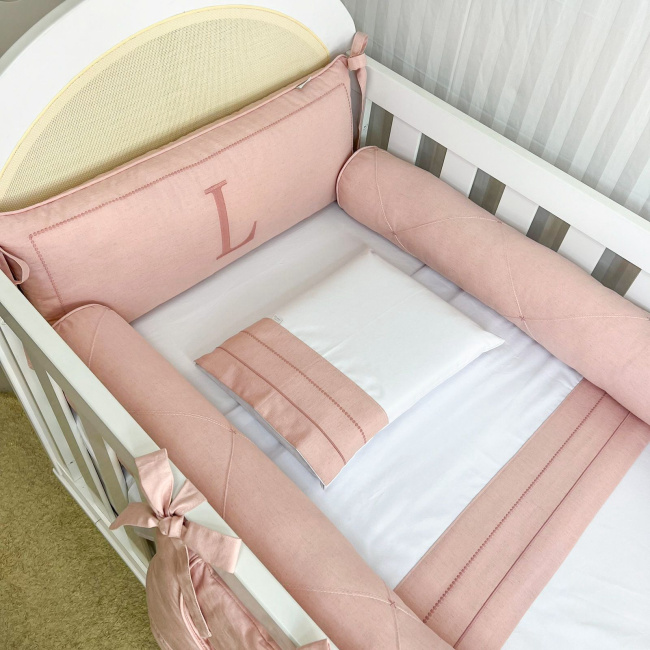 Kit de Berço Rolinho 4 Peças com Cabeceira Personalizada Linho Rosê