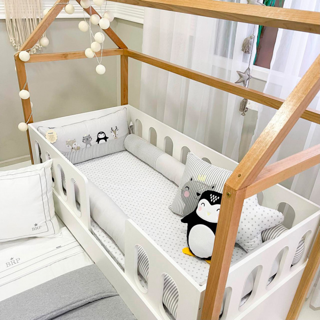 Kit de Mini Cama (70x1.50) Rolinhos com Cabeceira 4 Peças Woodland Branco/Cinza