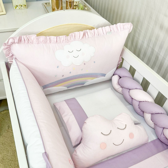 Kit Enxoval de Berço Bordado Chuva de Amor - Rosa / Lilás - 8 Peças