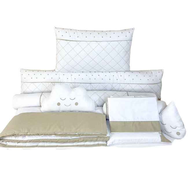 Kit Enxoval de Berço Bordado Dreams Poá Branco / Bege 10 Peças