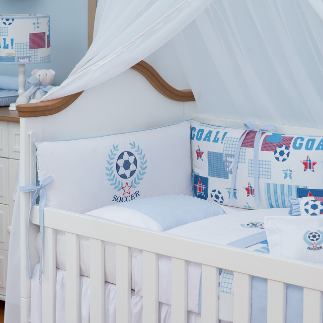 Kit Enxoval de Berço Goal Branco/Azul 7 peças