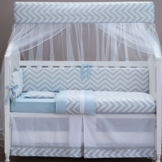 Kit Enxoval para Berço Brooklyn Chevron Cinza/Azul 11 Peças com Mosquiteiro