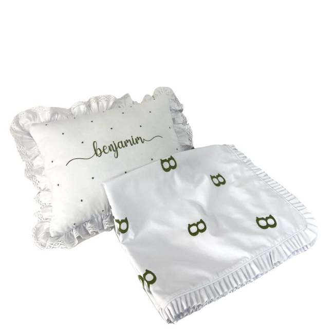Kit Maternidade 3 Peças Percal 200 Fios Acetinado Personalizado Elisa Branco / Verde