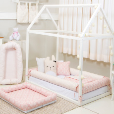 Kit Montessoriano Mini Cama Rolinho 4 Peças Jardim Secreto Arabesco Rosa (Colchão 1,50 x 0,70)