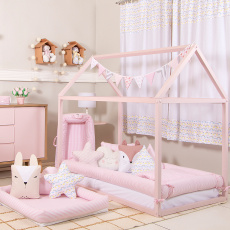 Kit Montessoriano Mini Cama Rolinho 4 Peças Listrado Rosa (Colchão 1,50 x 0,70)