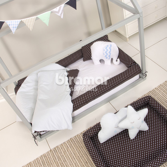 Kit Rolinho Mini Cama 4 Peças Marrom Bolão Azul (Colchão 1,50 x 0,70)