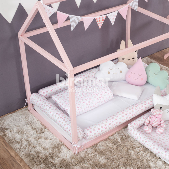 Kit Rolinho Mini Cama 4 Peças Tiffany Floral Rosa (Colchão 1,50 x 0,70)