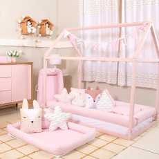 Kit Montessoriano Rolinho 4 Peças Listrado Rosa (Colchão 1,60 x 0,78)