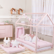 Kit Montessoriano Rolinho 5 Peças Listrado Rosa (Colchão 1,50 x 0,90 x 0,12)