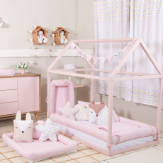 Kit Montessoriano Rolinho Solteiro 4 Peças Listrado Rosa (Colchão 1,88 x 0,88)