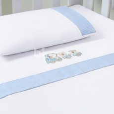 Lençol para Berço 3 peças Lolli Ursinho Maquinista Listrado Azul Percal