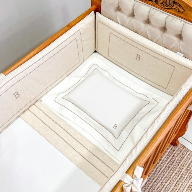 Lençol para Berço 3 Peças Percal Benício Personalizado Marfim / Linho Bege