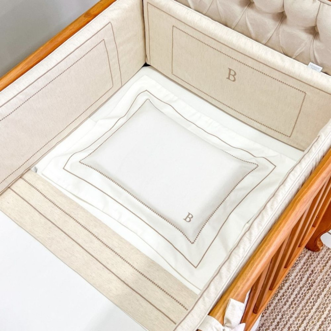 Lençol para Berço 3 Peças Percal Benício Personalizado Marfim / Linho Bege