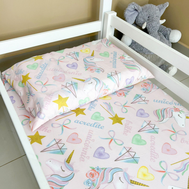 Lençol para Mini Cama c/ Elástico e Fronha Microfibra Unicórnio Glam