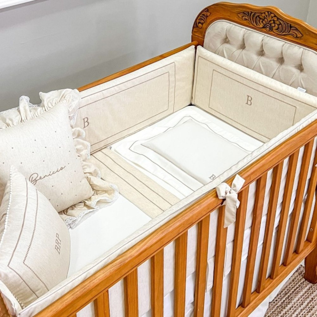 Protetor de Berço Antissufocante 4 Peças Benício Personalizado Linho Bege