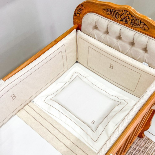 Protetor de Berço Antissufocante 4 Peças Benício Personalizado Linho Bege