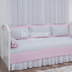 Sofá Cama 7 peças com Saia Lollipop Percal Chevron Rosa