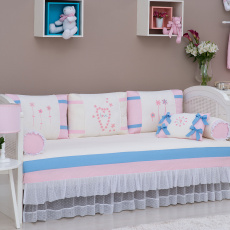 Sofá Cama 9 Peças com Saia Love Flowers Creme/Rosa
