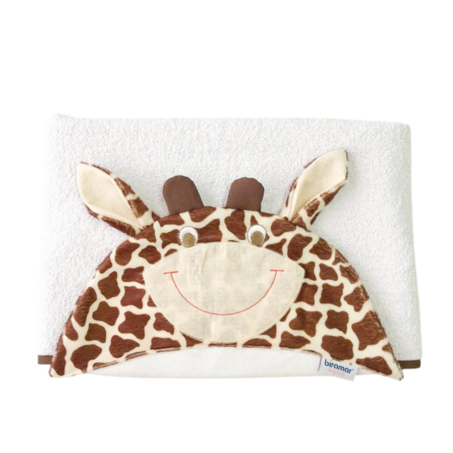 Toalha de Banho para Bebê Felpuda Branca Revestida com Fralda Girafa Marrom